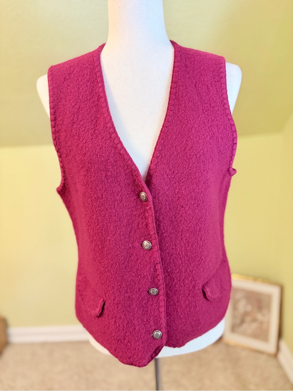 Vintage 1991 Lands' End Boiled Wool Tyrolean Vest Raspberry Pink Gorpcore Barbie
